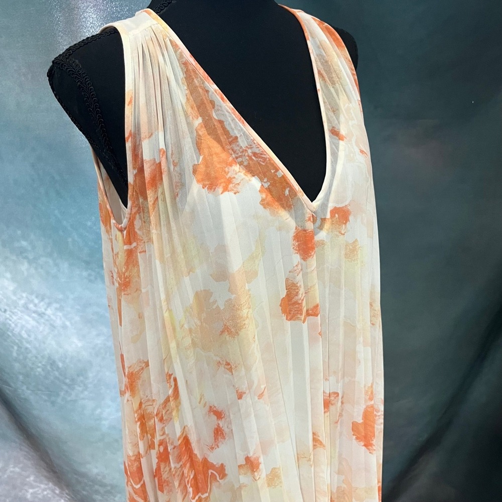 Club Monaco Orange Watercolor Floral Pleated Chiffon V-Neck Shift Dress Size 6 - Picture 5 of 7